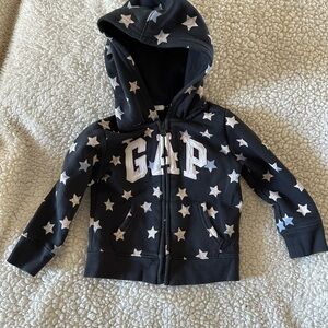 GAP Kids Black Zip Hoodie with Brown, Blue & White Star Print